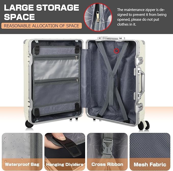 AnyZip Luggage Sets 2 Piece Aluminum Frame Carry On and Checked Suitcase PC ABS Hard Shell TSA Lock No Zipper(White, 20/28)