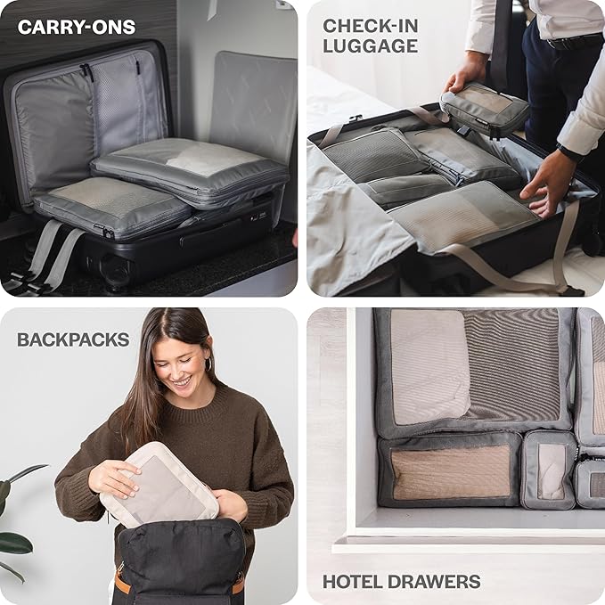 Compression Packing Cubes for Travel - Luggage Organizer Bags - Double Zipper Packing Cubes for Suitcases (2-Pack, Dark Grey)