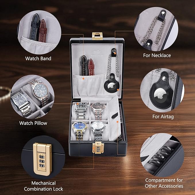BISON DENIM Watch Box, 4 Watch Travel Case with Combination Lock - PU Leather Men's Watch Storage Box & Jewelry Organizer with Ring Slots & Necklace Hooks, Secure Travel Case, Black