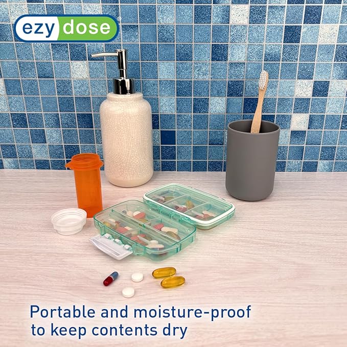 EZY DOSE Moisture-Proof Pill Case, Medicine Planner, Vitamin Organizer Box, Travel-Friendly, Latch-Closure to Secure Contents, 7 Individual Compartments Multiple Sizes with Tight Seal, Medium, Green