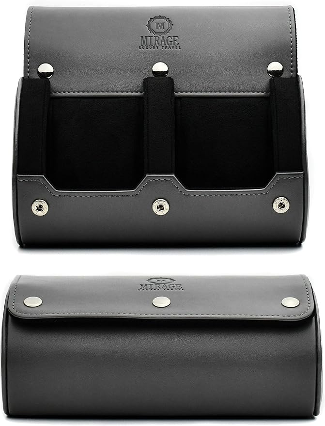 2 Watch Roll Travel Case for Men - Watch Holder and Storage for Travel - Slate Gray Swiss Motif Vegan Leather