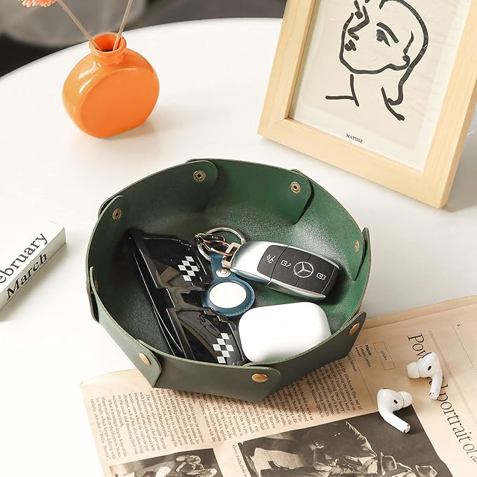 Leather Valet Trays,Premium Catchall Trays,Jewelry Trays, Folding Travel Organizer,Decorative Desk Organizer for RPG Game Players, Office/Home Organization Baskets(2PCS) (Green)