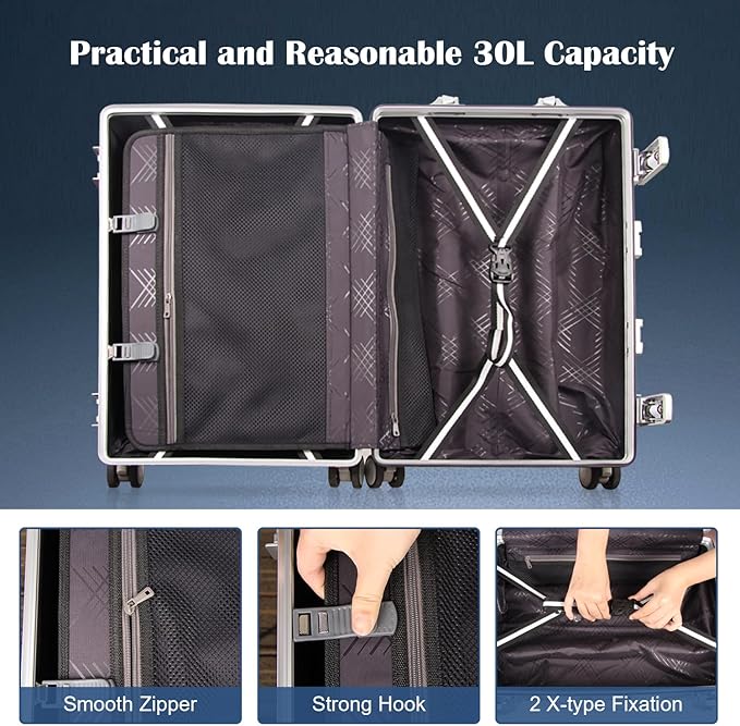 DOMINOX All Aluminum Carry On Luggage Hard Shell Luggage Aluminum Suitcase for Travel Zipperless Luggage Checked Luggage with Silent 360° Spinner Wheels 20 In. (Industry Style, Sliver)