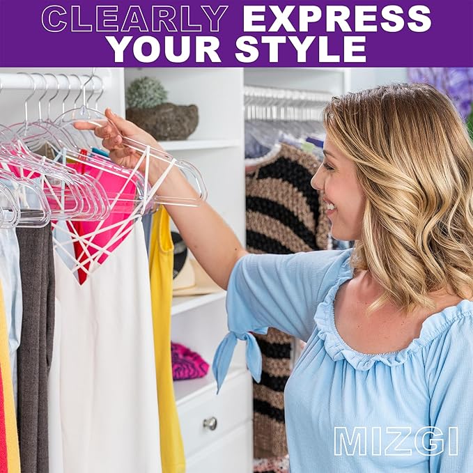 MIZGI 20 Pack Clear Plastic Hangers - Premium Thick Invisible Space Saving Hanger with 360° Swivel Hook, Ultra Slim Hangers for Suits, Dresses, Shirts, Coats & Pants