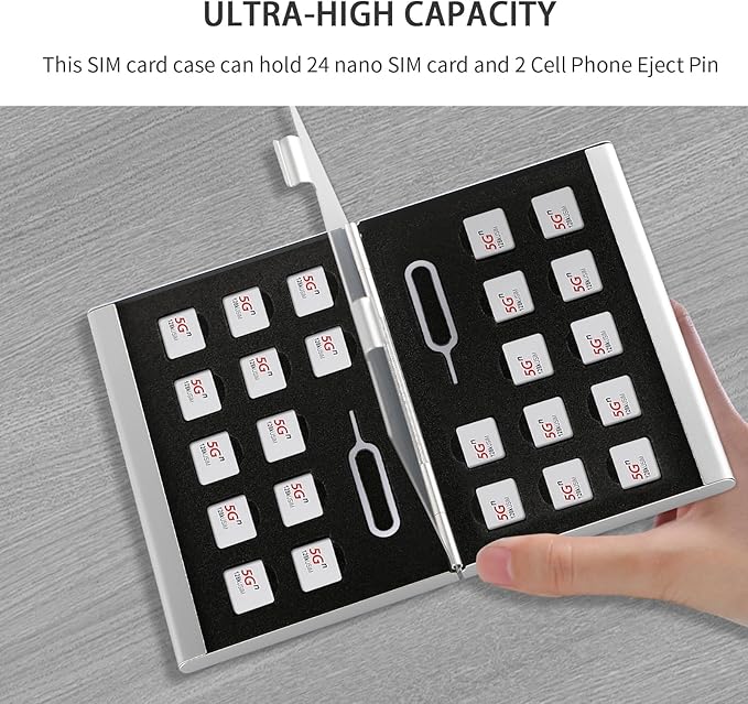 Aluminum SIM Card Case, 26Slots Ultrathin SIM Card Holder, Fit for 24 Nano sim Card and 2 Cell Phone Eject Pin Slots, Silver