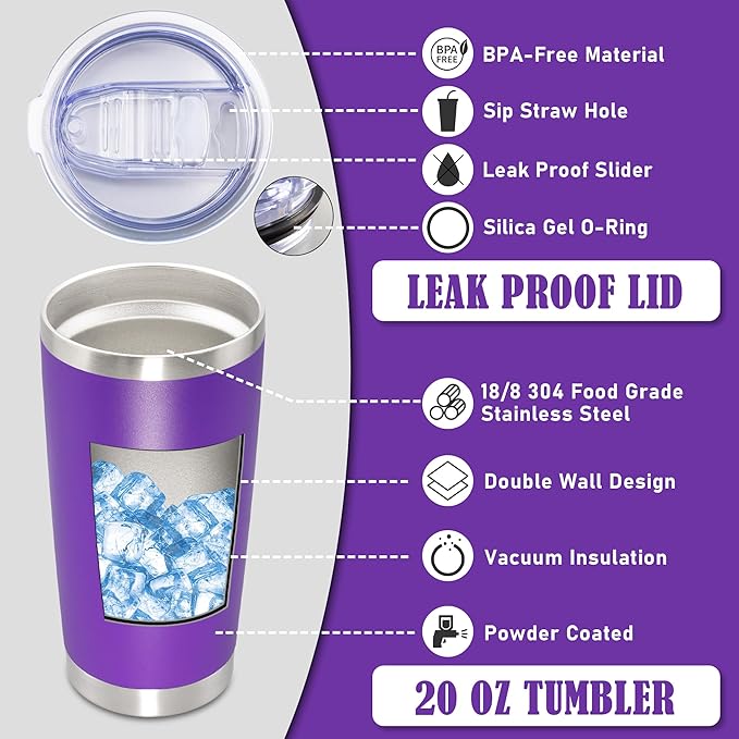 20 oz Tumbler Coffee Tavel Tumblers Bulk with Lid Stainless Steel Double Wall Vacuum Insulated Mug Powder Coated Cups fit Car Cupholder for Hot and Cold - Purple, 8Pack