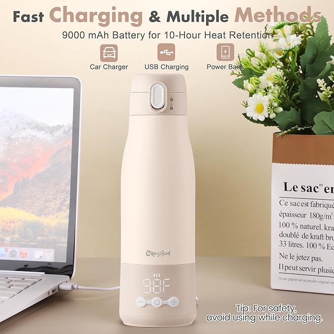 Portable Bottle Warmer for Travel, 12 Oz Milk Warmer for Breastmilk Formula Water, Fast Heating & 5-Level Temperature Control, USB Rechargeable & Long Battery Life for Car Airplane On The Go