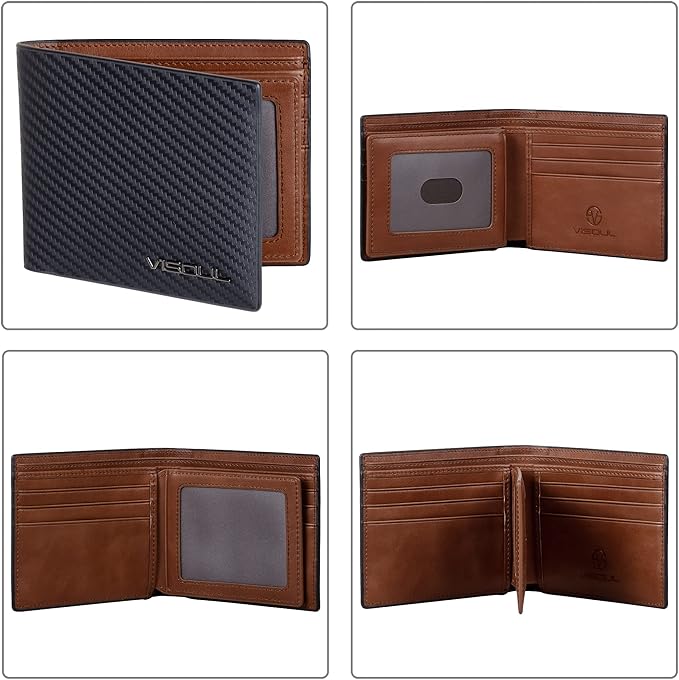 VISOUL Leather Mens Bifold RFID Blocking Wallet with 2 ID Windows, Leather Wallet for Men (Carbon Fiber, Black+Brown)