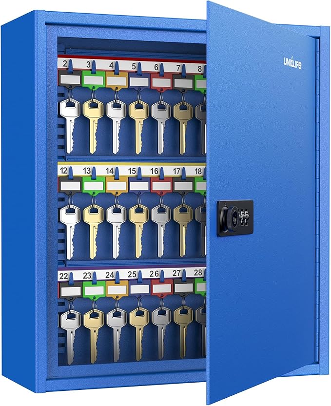 Uniclife 60 Keys Key Lock Box with Code, Wall Mount Key Box, Key Cabinet with Key Racks and Tags, Lock Box for Keys, Key Lockbox, Key Storage Box for Home Office & Company, Blue