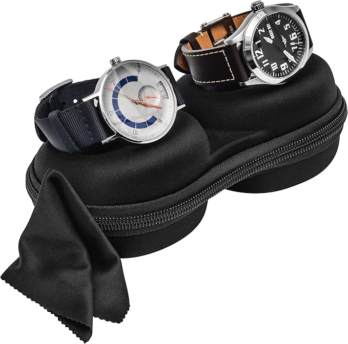 Double Watch Travel Case Storage Holder Box for 2 Watches | Dual Tough Portable Protection w/Zipper Fits All Wristwatches & Smart Watches Up to 50mm (Black)