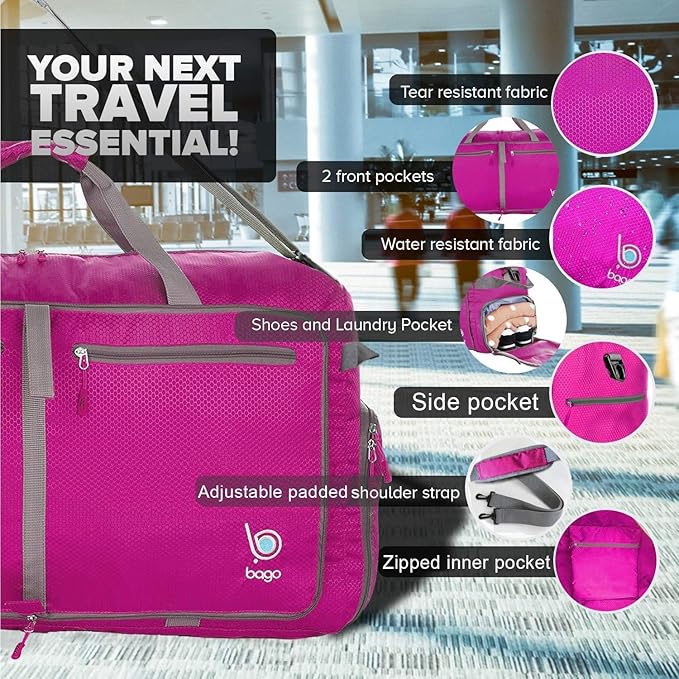 Bago Large Foldable Duffel Bags for Traveling Women & Men - 80L Packable Duffle Bag for Travel with Shoe Compartment - Water Repellant, Heavy Duty, Lightweight Folding & Collapsible (Pink)