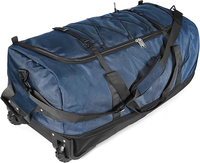110L/140L Expandable Soft-Sided Foldable Duffle Bag with 2 Rubber Wheels,Packable 32” Rolling Carry-On with Multi-Pockets & Compartments,Navy Blue