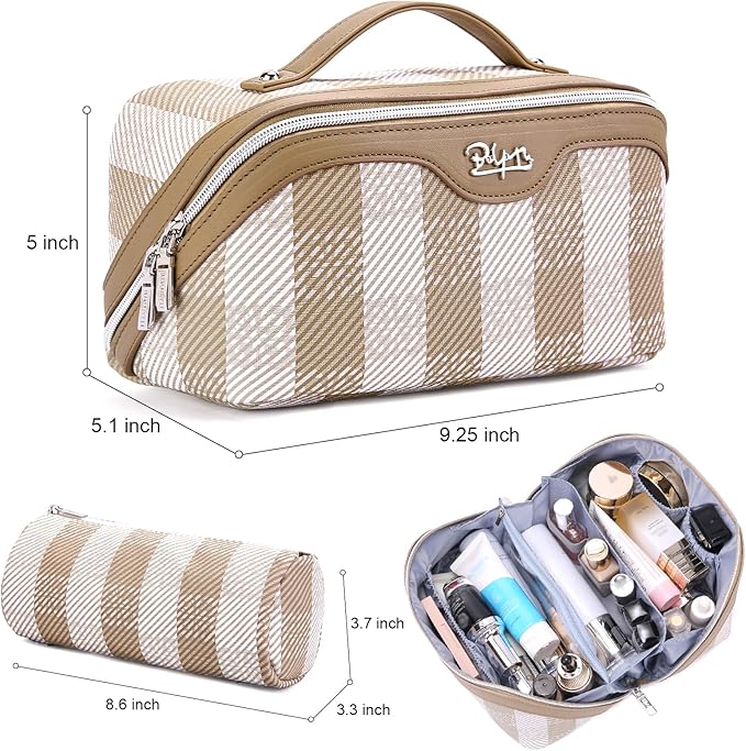 BOYATU Makeup Bag Travel Cosmetic Bag: 3 Pcs Set Portable Make up Bags for Women with Handle - Waterproof Vegan Leather Toiletry Organizer Bags with Comparments (F-04-Brown)