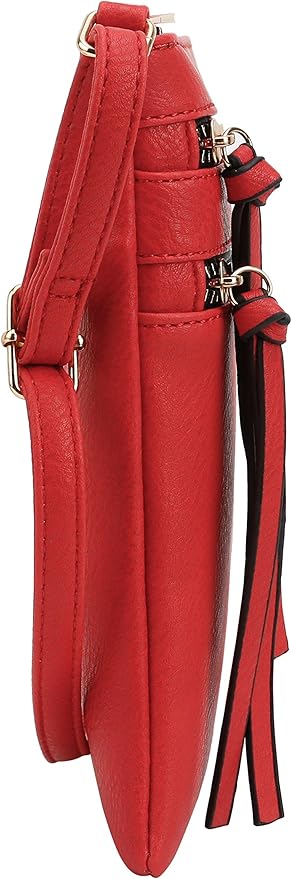 DELUXITY | Red Crossbody Bag | Women's Fashion Multi-Pocket Double Zipper Purse | Adjustable Strap | Medium Size | Perfect for Christmas
