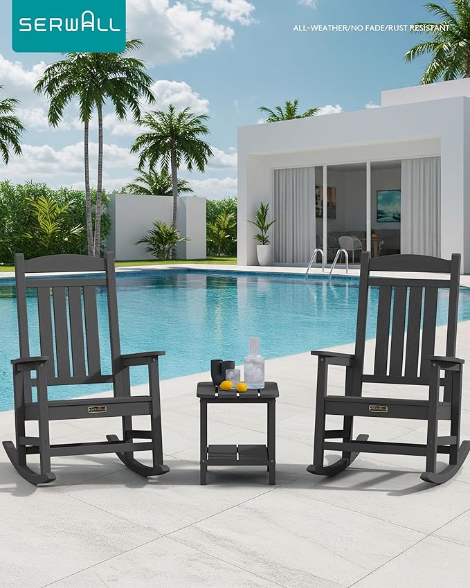 SERWALL Outdoor Rocking Chair, HDPE Patio Rocking Chair All-Weather Porch Rocker for Balcony, Yard, Gray