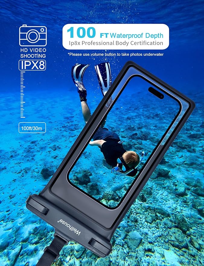 wellhouse Waterproof Phone Pouch, Waterproof Phone Case for iPhone 16 15 14 13 12 Pro Max XS Samsung, IPX8 3D Cellphone Dry Bag Beach Essentials (2 Pack - Black & White8.0, 8 inch)