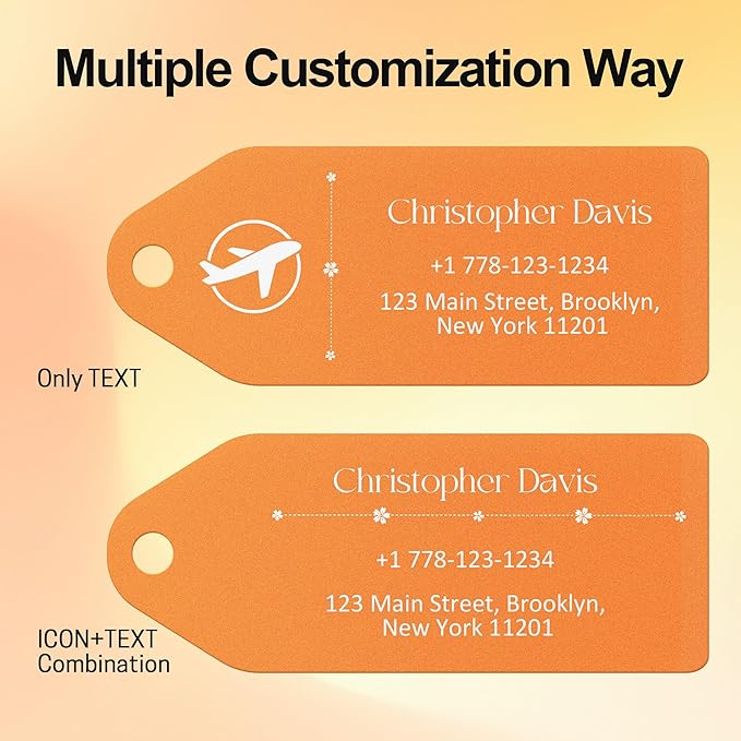 4 PCS Personalized Metal Luggage Tag – Personalized Engraved Suitcase Tag, Backpack Tag, with Matching Color Strap, Waterproof Suitcase Name Badge – Ideal Corporate Gift & Travel Accessory (Orange)