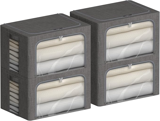 4 Pack Clothes Storage Bins with Metal Frame - Linen Fabric Foldable Stackable Container Organizer Set with Clear Window & Carry Handles & Zippers (Dark Gray, 15.7"x11.8"x7.8")