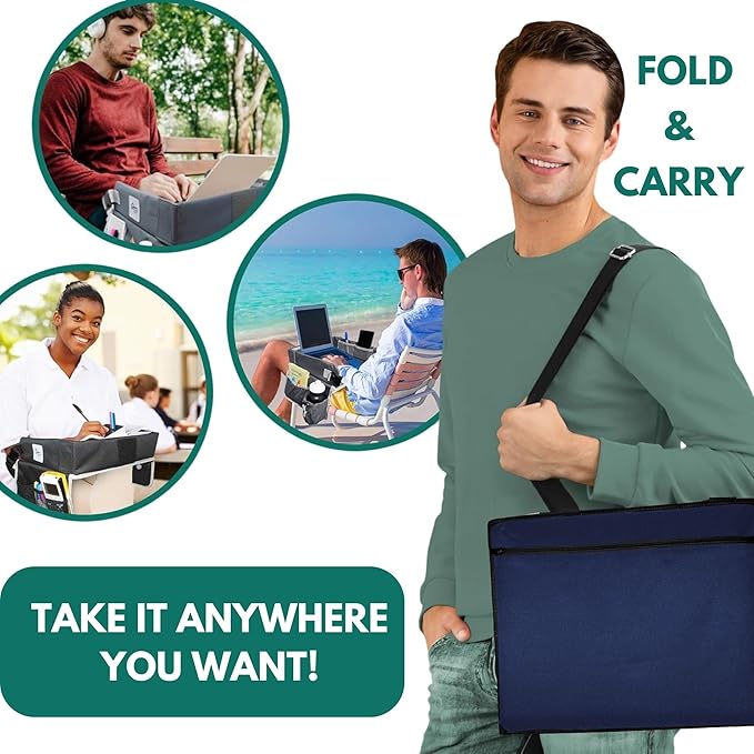 Travel Lap Desk, Travel Tray, Portable Lapdesk for Car, Remote Work, Road Trips, School, Laptop Pad with Storage Pocket, Tablet Holder, Shoulder Strap, Fits up to 15.6-Inch Laptop (Navy)