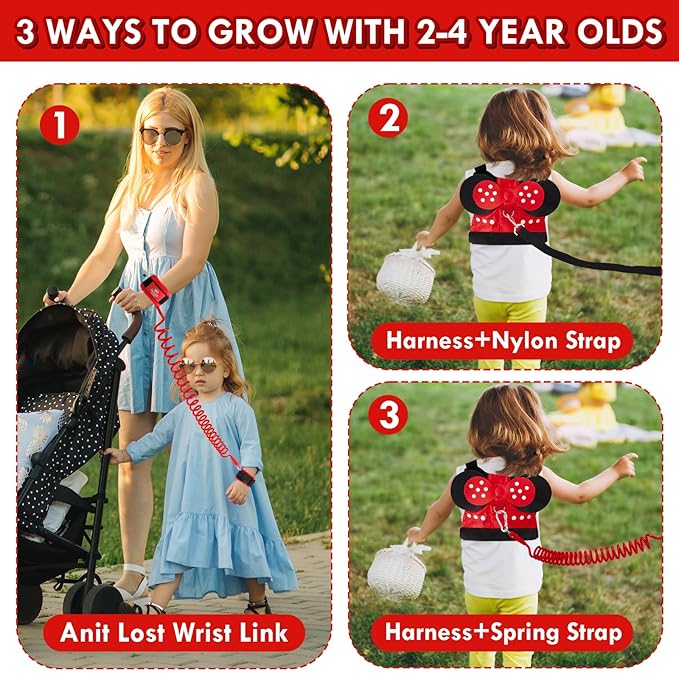 Lehoo Castle Toddler Leash for 1-5 Years, Baby Safety Harness for Girls with Anti-Lost Key Lock & Adjustable Strap, 3-in-1 Wrist Leash and Kids Backpack Harness for Walking Travel (Red Minnie Mouse)