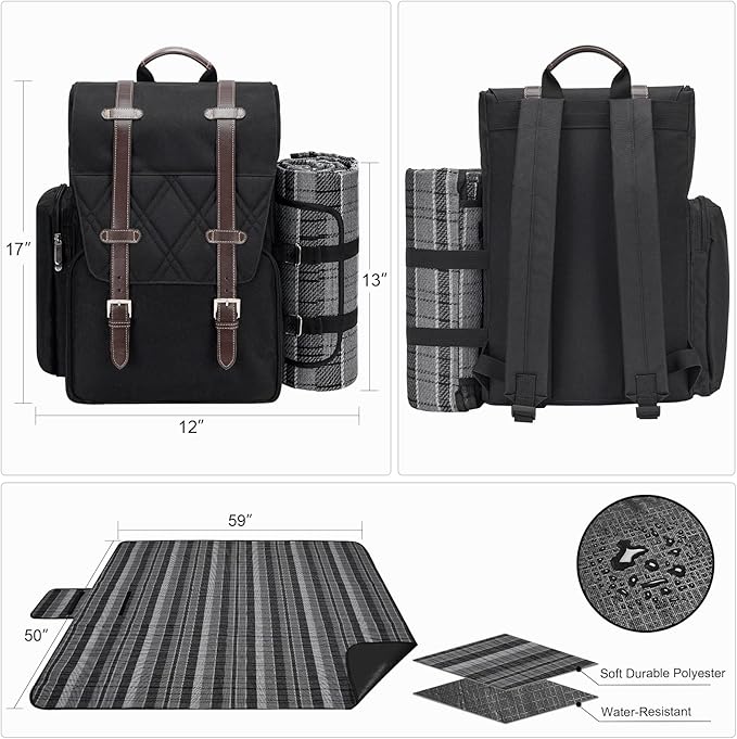 Picnic Backpack for 4 Person with Large Insulated Cooler Bag, Picnic Basket Set with Wine Pouch, Waterproof Picnic Blanket & Cutlery Set. Perfect for Beach, Camping, Party,Wedding Gift for Couple.