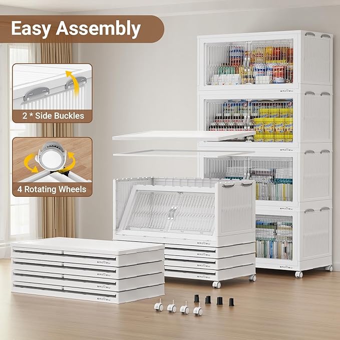 BROVIEW 600Qt Extra Large Stackable Storage Bins with Lid, Closet Organizer Collapsible Drawer Boxes with Wheels, Folding Plastic Cabinet Containers for Home Kitchen Room Organization, 3Pack White