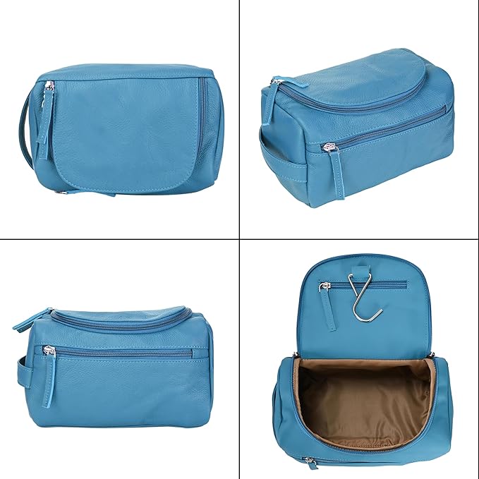 ELIZO Premium REAL Leather Toiletry Bag for Men Dopp Kitt Hanging Mens Toiletry Large TSA Toiletries Bag Shaving Grooming Bag Organizer Espresso (Blue, Large)