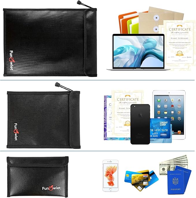 FunOwlet Fireproof Waterproof Document Bag, Fire and Water Resistant Safe Zipper Storage Organizer Pouch for A4/A5 Documents Holder, File, Cash, Jewelry, Passport, Tablet, Laptop, 3 Pack (Black)
