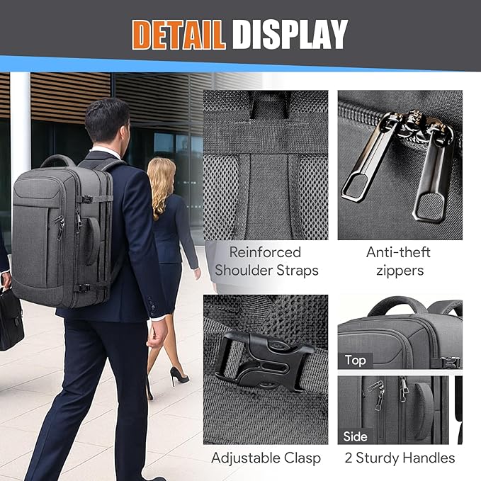 Carry On Backpack, Travel Laptop Backpack, Expandable 40-50L Large Luggage TSA Flight Approved Anti-Theft Laptop Bag, Sturdy 17 Inch TSA Friendly Water Resistant Business Bag for Men, Grey