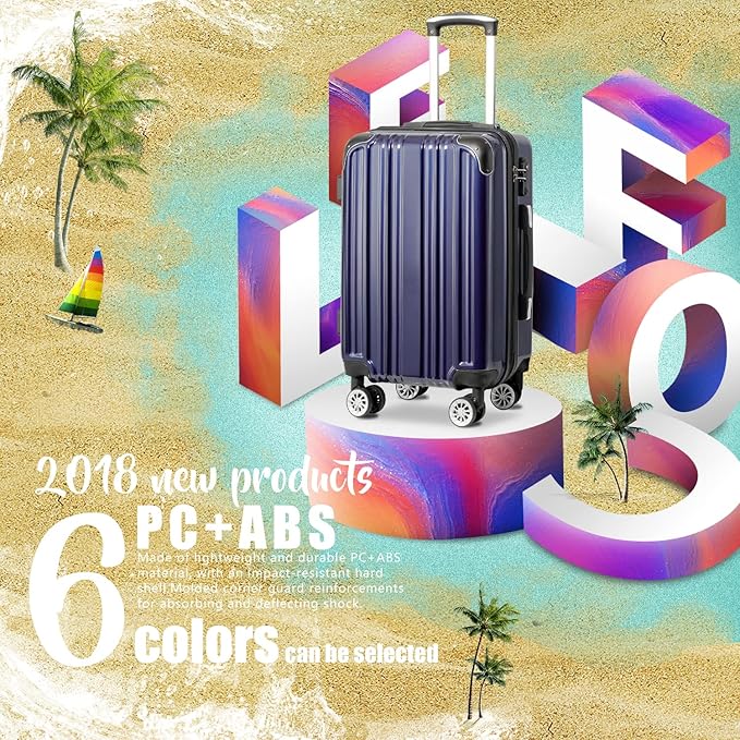Coolife Luggage Expandable(only 28") Suitcase PC+ABS Spinner 20in 24in 28in Carry on (navy new, M(24in))