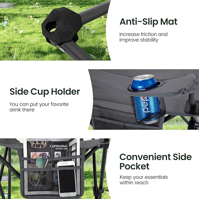 HIGH POINT SPORTS 2 Pack Portable Camping Chair for Adults, Folding Outdoor Camp Chair Lightweight Lawn Chairs Folding Collapsible Chair for Camping, Tailgates, Beach, Gray, Support 225lbs