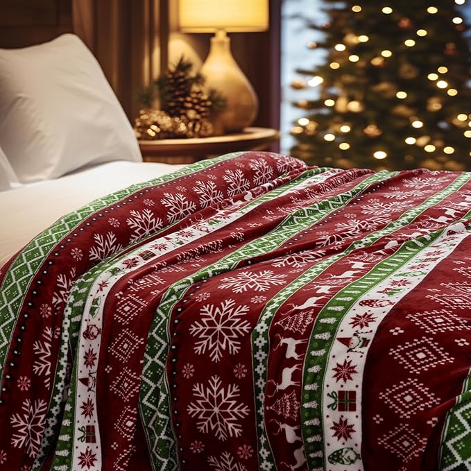 PHF Printed Fleece Blanket Twin Size, No Shed No Pilling Ultra Soft Plush Cozy Xmas Prints Theme Home Décor Flannel Blanket for Bed, Sofa, Couch and Gift, 66" x 90", Retro Christmas