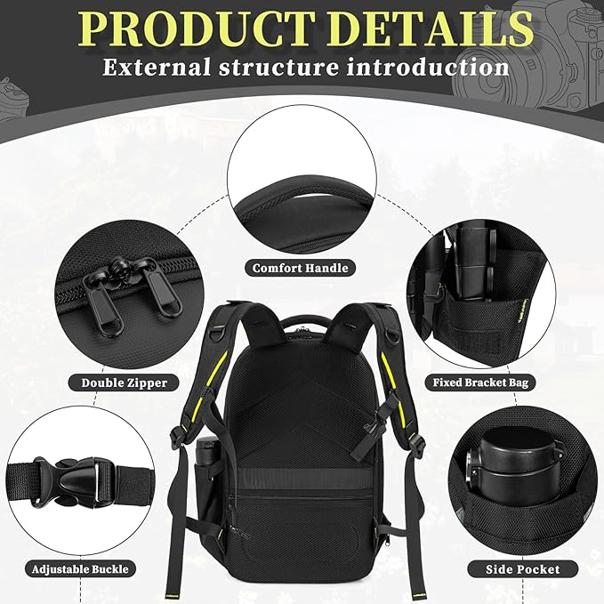 TORIBIO Camera Backpack, Hardshell DSLR Photography Camera Bag, Waterproof Hard Shell Camera Case with Tripod Holder & 15.6" Laptop Compartment Compatible with Canon/Nikon/Sony/DJI Mavic Drone