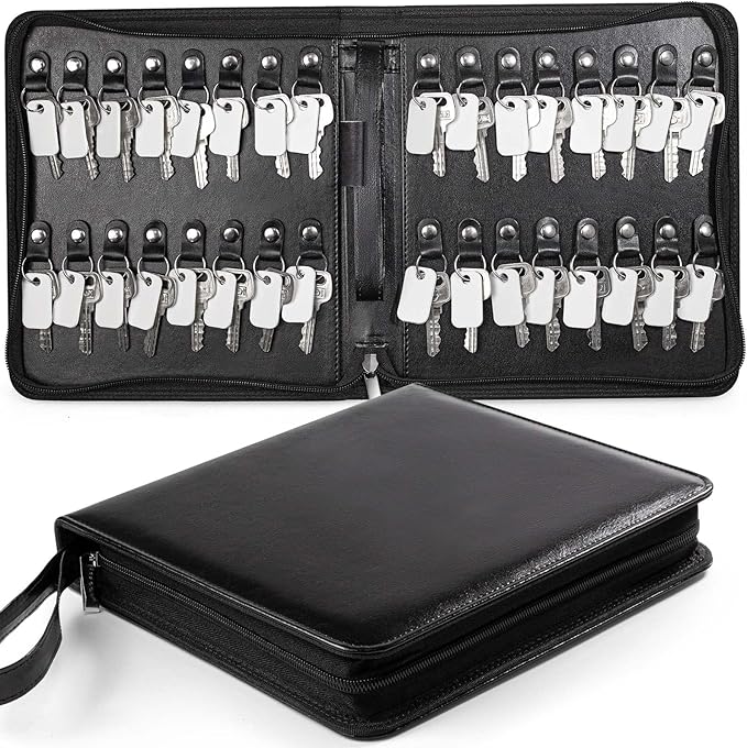 Portable Zippered Key Case, Leather Key Organizer with Handle, 32 Key Capacity, for Real Estate Sales, Hotel Executives, Car Service (Black)
