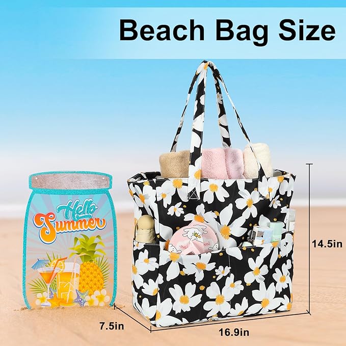 LEDAOU Beach Bag Waterproof Sandproof Women Tote Bag Pool Bag with Zipper for Gym Grocery Travel with Wet Pocket