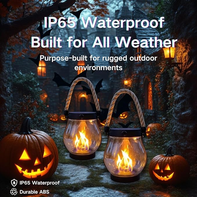 Solar Lantern Outdoor Lights, Flickering LED with Hemp Rope Handle, Dual Charging (Solar & USB), Water-Resistant Hanging Decor for Garden, Yard, Patio, Porch, Pathway, Camping (3)
