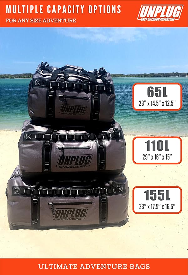 UNPLUG Waterproof Bags for Travel -1680D Heavy Duty Waterproof Duffel Bag for Camping, Motorcycle Dry Bag, Hunting Bag, Bug Out Bag, dry bags for kayaking waterproof boat bag (65L Storm Grey)