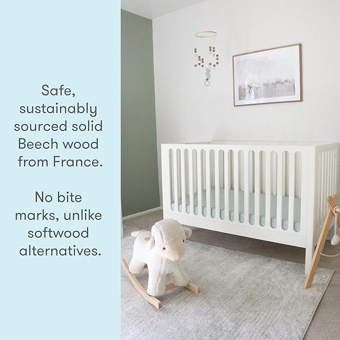 Newton Baby Galileo Standard Crib, Solid Beech Wood in Warm White Color, 3-in-1 Convertible Crib with Toddler Bed Conversion Kit, Ultra-Safe Non-Toxic Finish