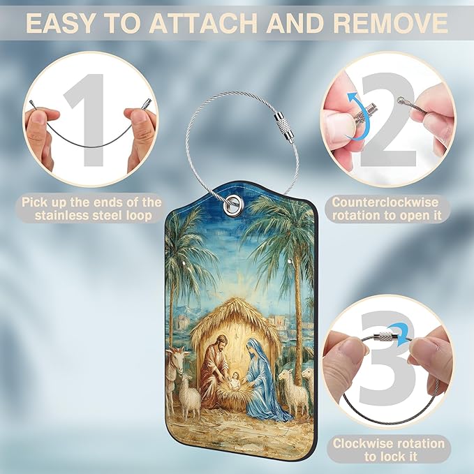 2 Pcs Nativity Scene Luggage Tags for Suitcases PU Leather Baggage Tags Name ID Label with Privacy Cover and Stainless Steel Loop for Men Women Travel Bag Suitcase
