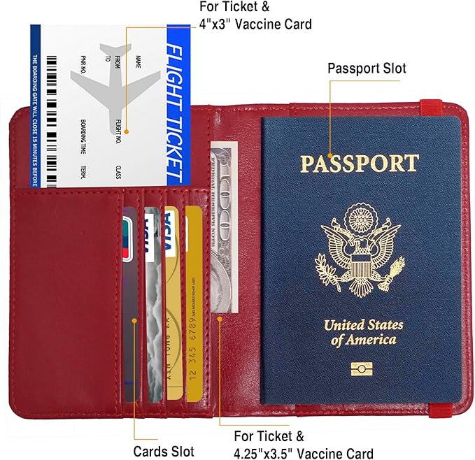 Passport Holder for Travel Passport Cover for Men Passport Wallet Case with Metal 3D Metal Badge Protector Leather Card Case RFID Blocking Women Travel Accessories Document Organizer (Red)