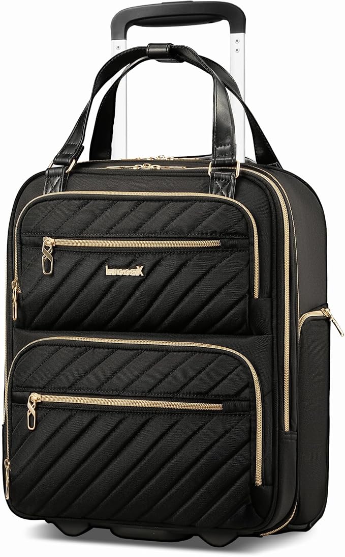 LUGGEX Underseat Carry On Luggage with Wheels, Stylish Lightweight Under Seat Luggage, Soft Sided Personal Item Suitcase for Short Trip (Black, 16 Inch)