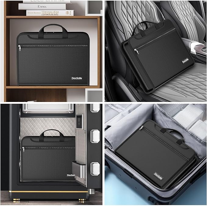 DocSafe Accordion File Organizer with Combination Lock,Fireproof Water Resistant Expanding File Folder with Multi Pockets,Document Organizer Home Office Travel Safe Storage for Letter Size Files,Black