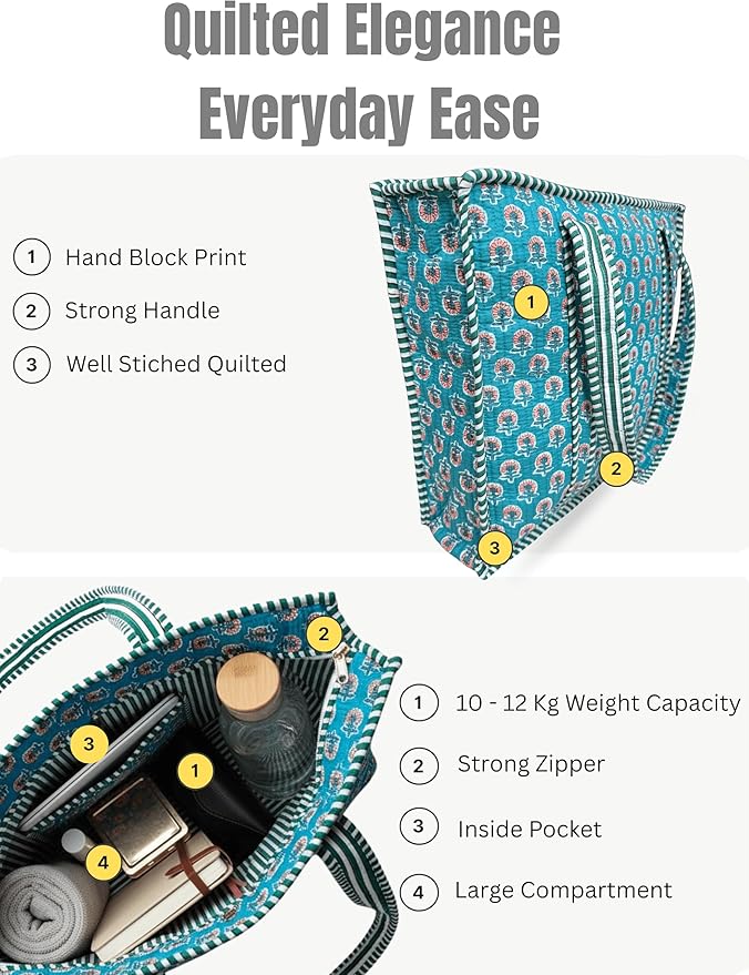 Cotton Quilted Tote Bag for Women – Large Beach & Travel Tote with Zipper, Reusable Grocery Bag