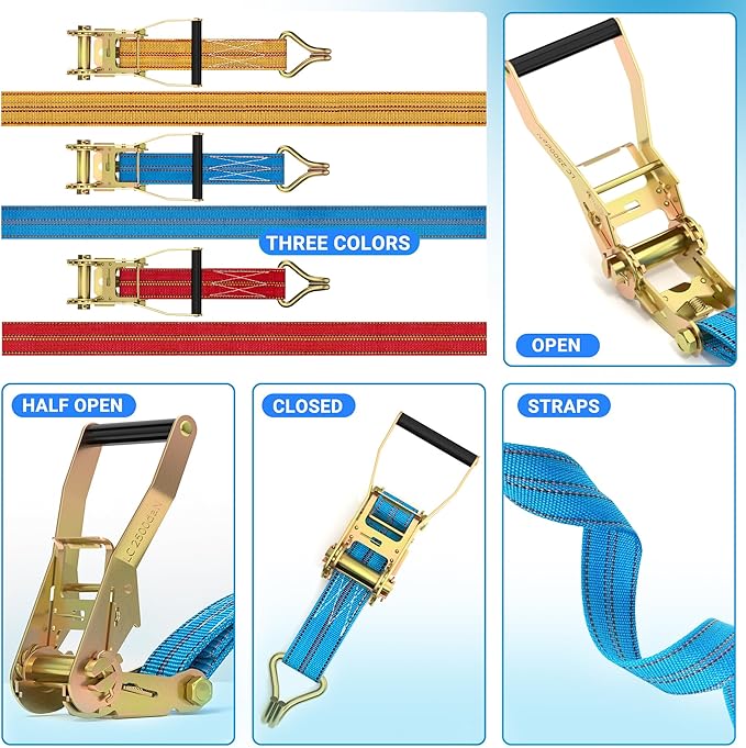 2Pack Ratchet Straps Heavy Duty, 2” 32Ft Tie Down Straps Ratchet, Tie Down Ratcheting with Double J Hook, 4000 LB Break Strength Cargo Strap Ratcheting for Moving, Trailers, Motorcycles and Car Roof