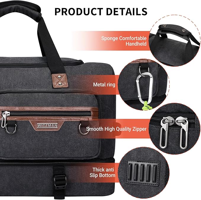 WITZMAN Canvas Weekender Bag Mens Overnight Bag for Traveling Carry on Duffle Bags with Shoes Compartment（A8010 Black）