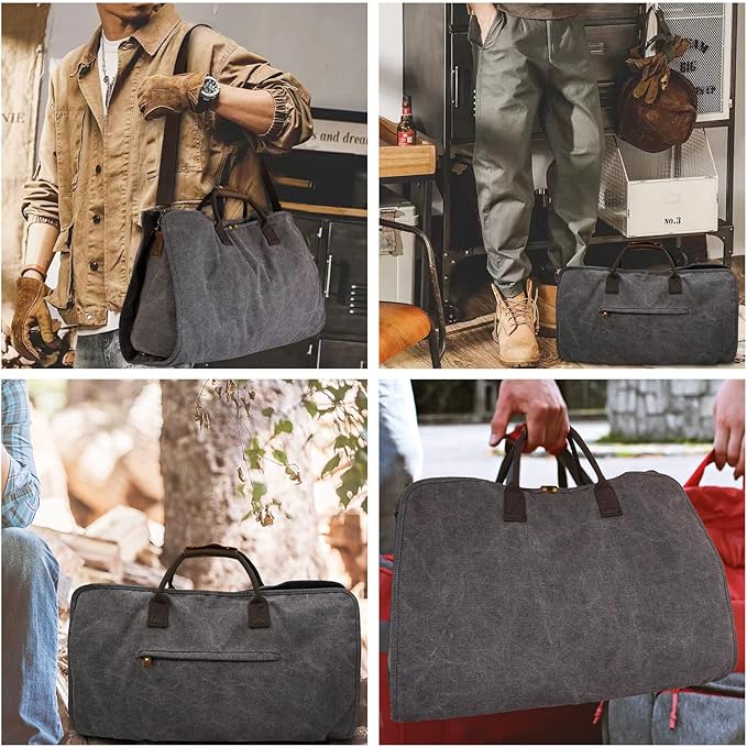2 in 1 Canvas Leather Suit Luggage Garment Bag with Shoulder Strap for Travel and Business Trips (Grey)