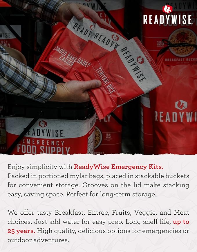 ReadyWise Emergency Survival Gear – Tactical Military Backpack, Camping Essentials Bug Out Bag & Survival Kit, Prepper & Hurricane Supplies, Meal Pouches with up to 25 Year Shelf Life, 64 Piece