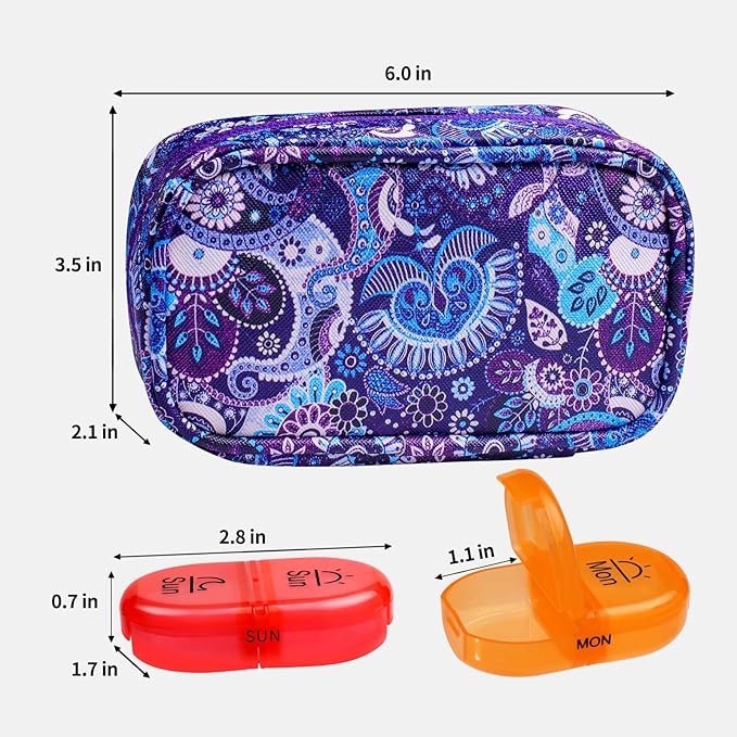 Serfeymi Weekly Travel Pill Organizer 2 Times A Day AM PM Upgraded Rainbow Pill Box 7 Day with Portable Zipper PU Leather Pill Case, Medicine Organizer for Pills, Vitamins, Fish Oils - Purple-01
