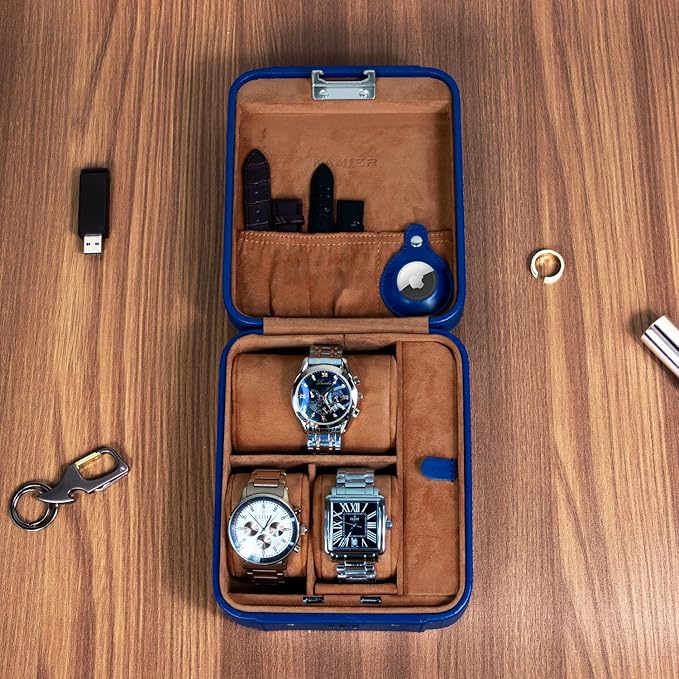 KAMIER Watch Case with Combination Lock - 4 Watch Storage and Jewelry Organizer - Watch Travel Case for Ring and Watch Storage, PU Leather Travel Watch Case, Ideal for Gift (With Gift Box),Blue