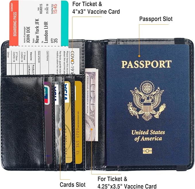 Passport Holder for Travel Passport Cover for Men Passport Wallet Case With 3D Metal Badge Protector Leather Card Case RFID Blocking Women Travel Accessories Document Organizer (Black)